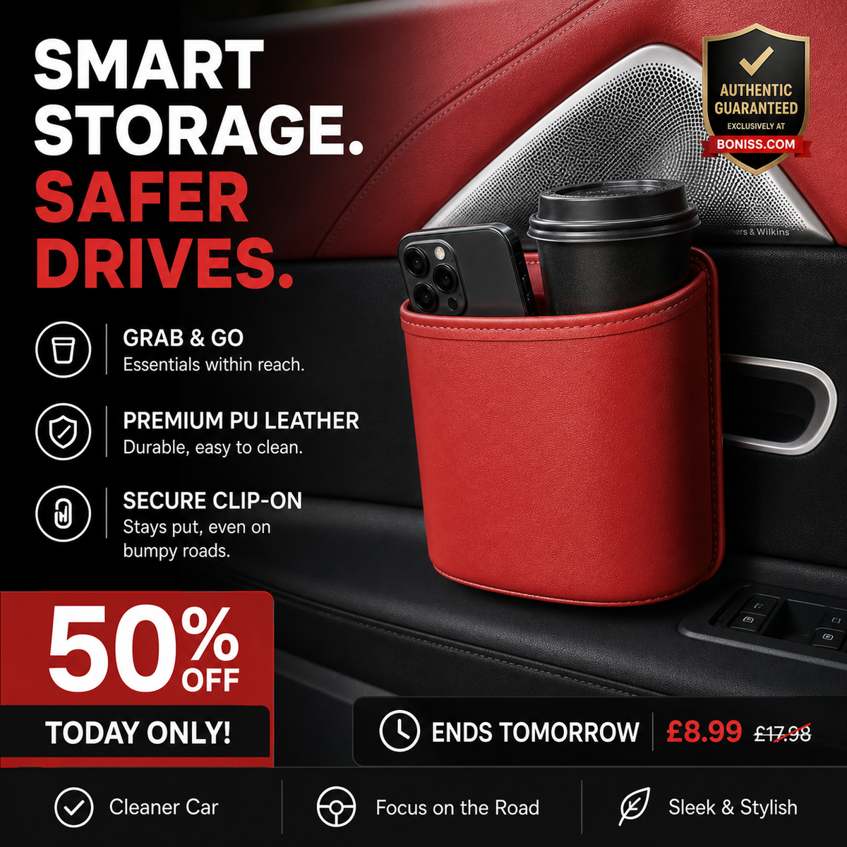 🎉 2026 Sale — Over 95,000 Sold! 🚗 Leather Car Door Cup Holder – Clip-On Mount, Holds Drinks & Phones – Instant Extra Storage! ✨